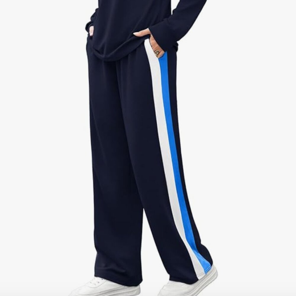 Wiholl Wide Leg SIde Stripe Lounge Navy Sweatpants NWOT